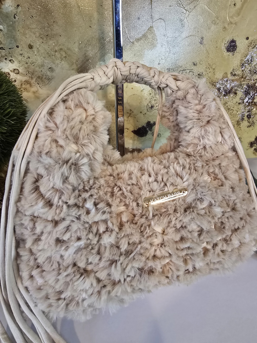 Plush Faux Fur "VERSATILE" Shoulder/Hand/Cross Body Bag in Light Taupe